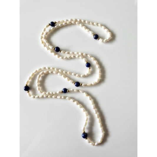 Vintage Natural Seed Pearl and Lapis Lazuli Bead Necklace