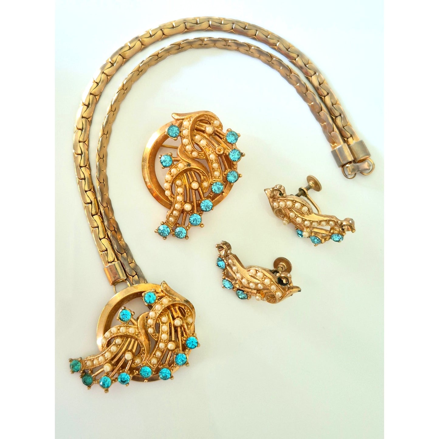 Vintage Demi Parure Rhinestones and Seed Pearls Jewelry Set
