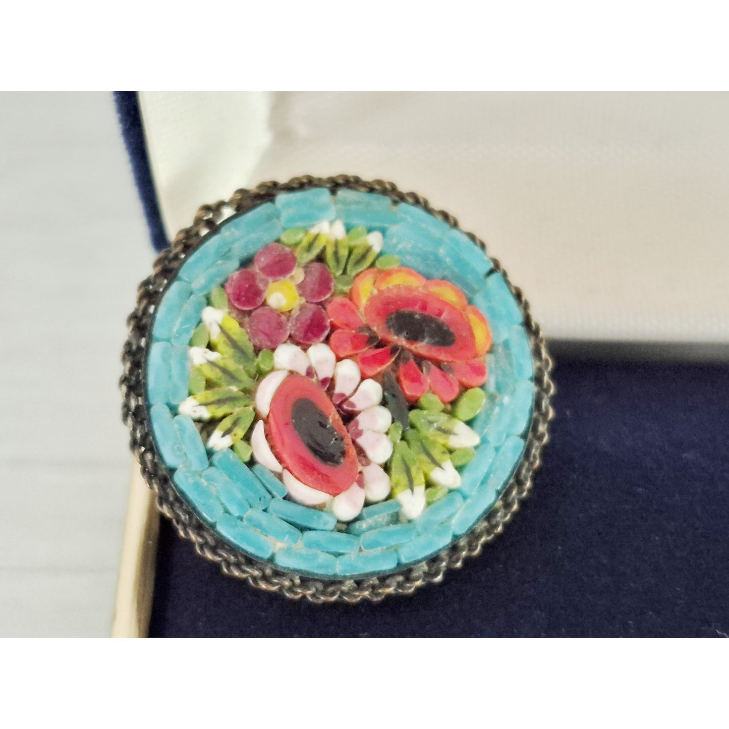 Vintage Round Made in Italy Mosaic Turquoise and Red Pin Brooch