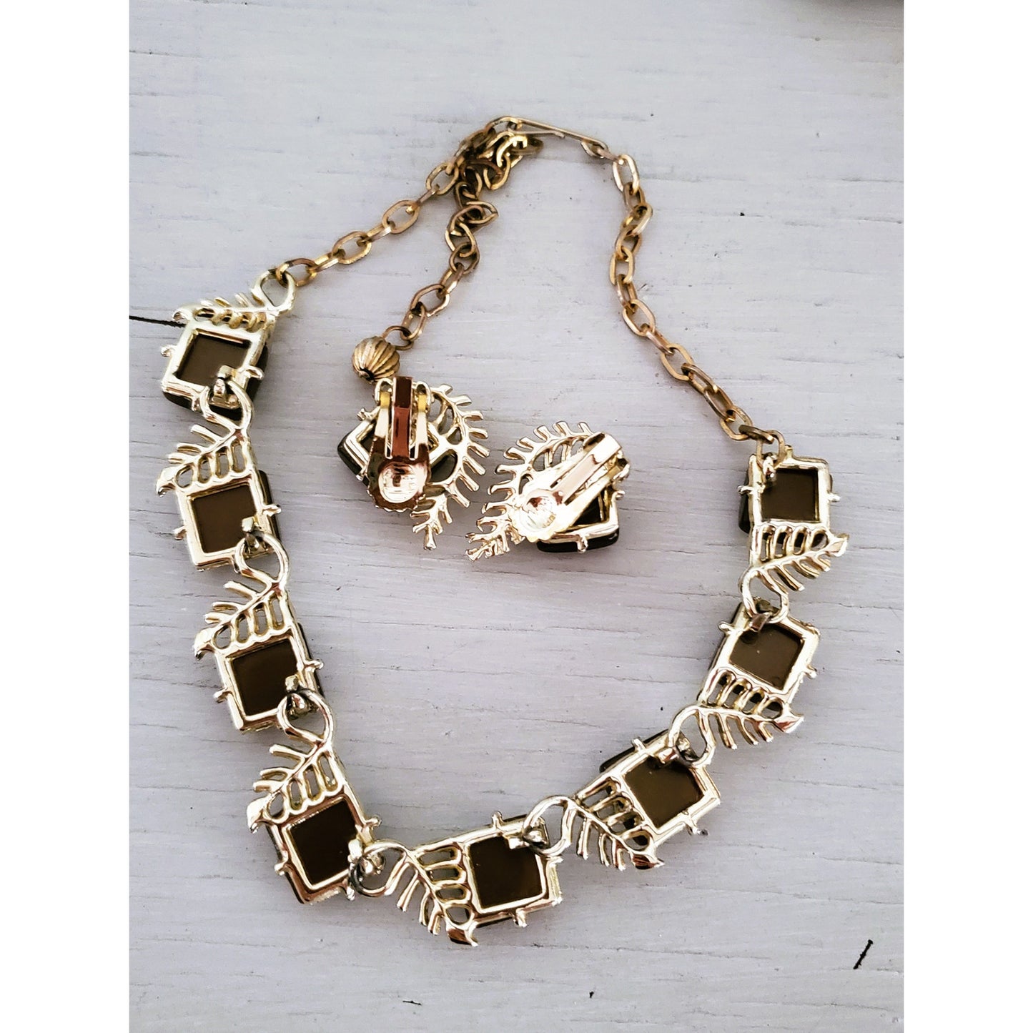 Vintage Thermoset Moonglow Chocolate Brown Necklace and Earrings Jewelry Set