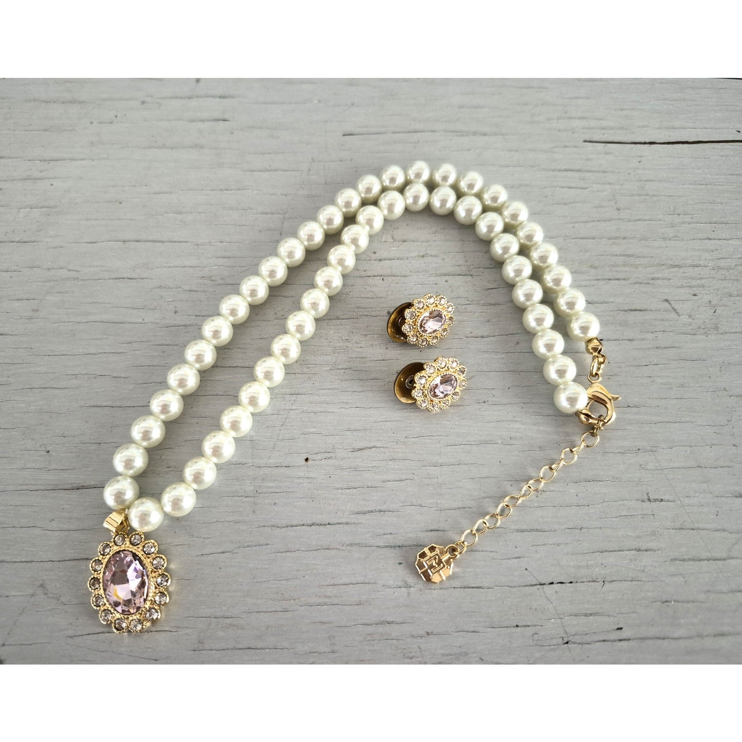 Vintage Monet Pink Stone Halo Faux Pearl Necklace with Earring Set