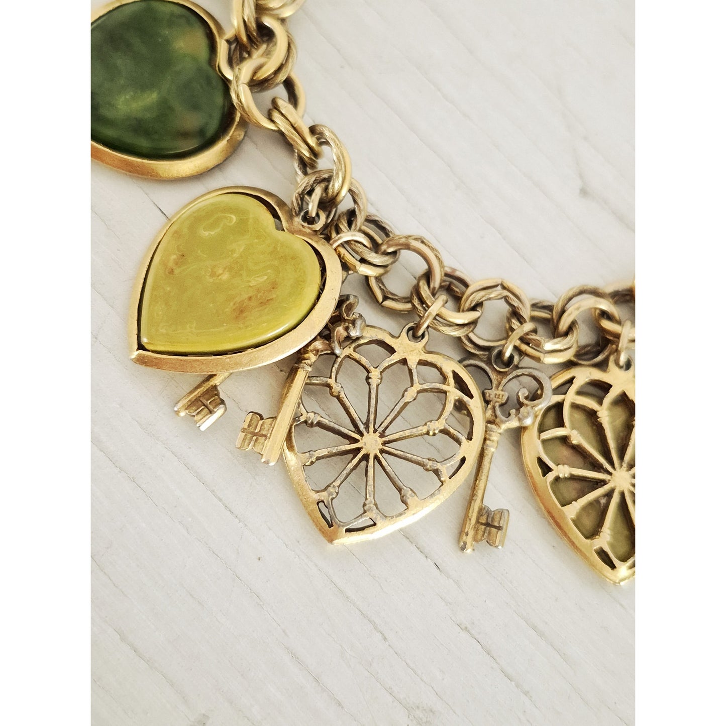 Vintage Marbled Olive Green Yellow Blue Moon Bakelite Hearts Keys Bracelet