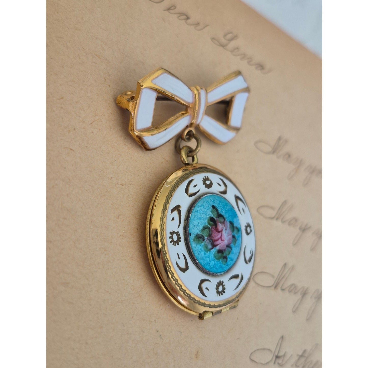 Antique Guilloche Bow Hanging Locket Brooch