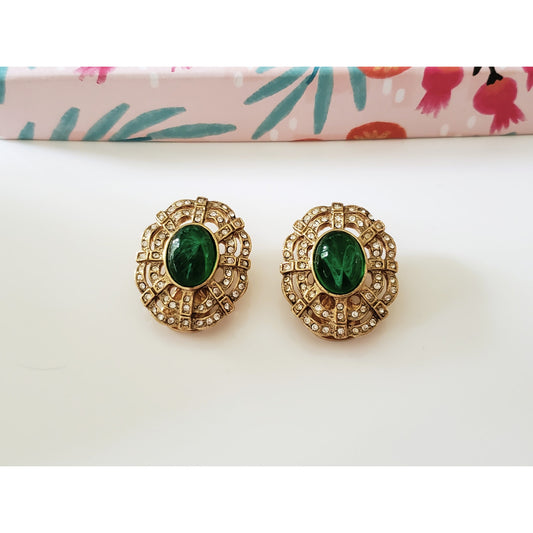 Vintage Green and Gold Tone Crystal Clip On Earrings