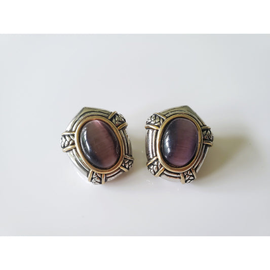 Vintage Silver and Purple Stone Oval Clip On Earrings