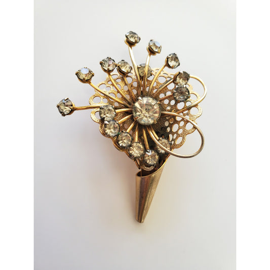 Vintage Gold tone Rhinestone Filigree Cornucopia Flower Vase Brooch