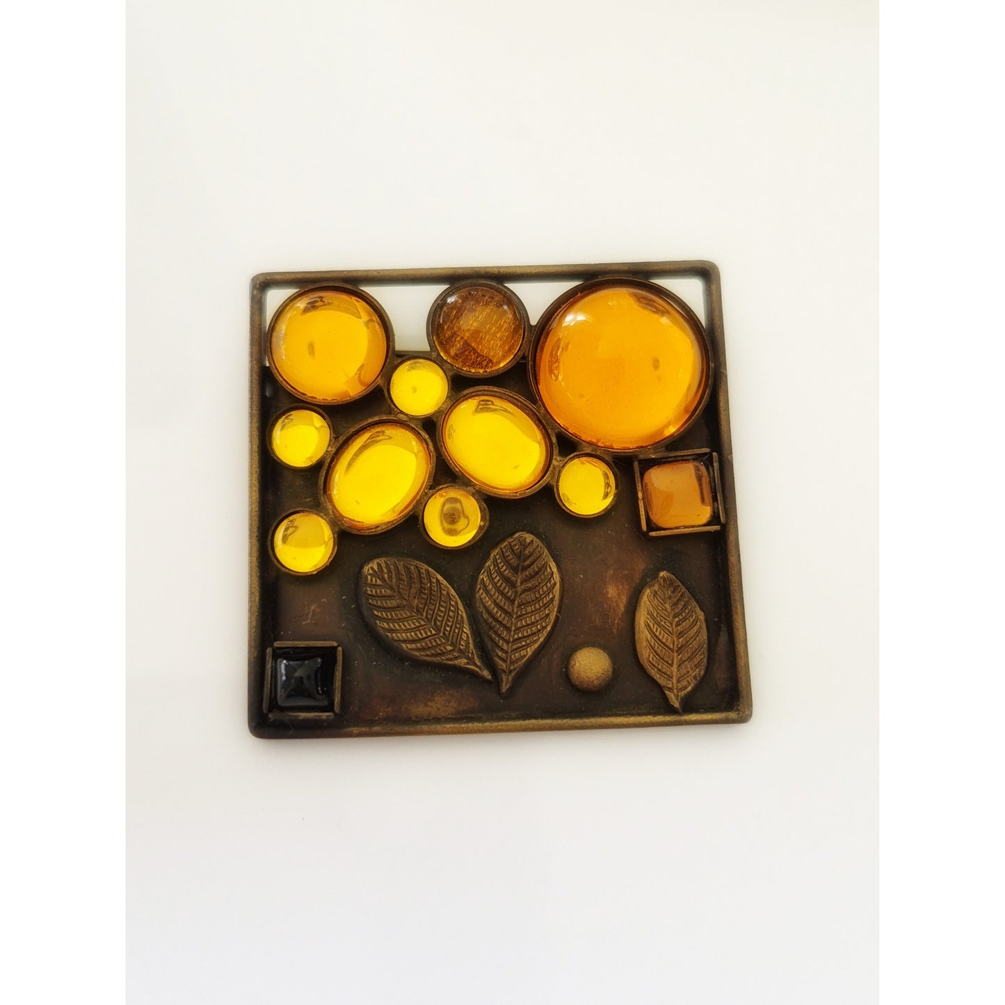 Vintage Yellow Carbochans Floral Copper Artisan Brooch