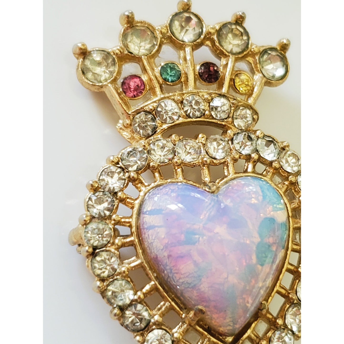 Vintage Glass Opal Crown Gold Tone Rhinestone Brooch
