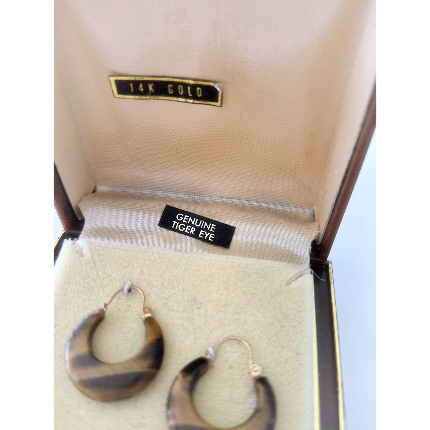 Vintage 14K Gold Tiger Eye Hoop Earrings