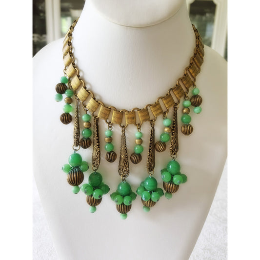 Antique Vintage Art Deco Book Chain Czech Glass Filigree Dangle Collar Necklace