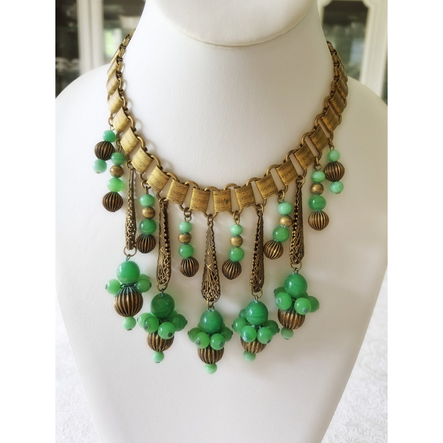 Antique Vintage Art Deco Book Chain Czech Glass Filigree Dangle Collar Necklace