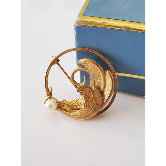 Vintage Gold-fill Feather with Cultured Pearl Round Brooch Pin