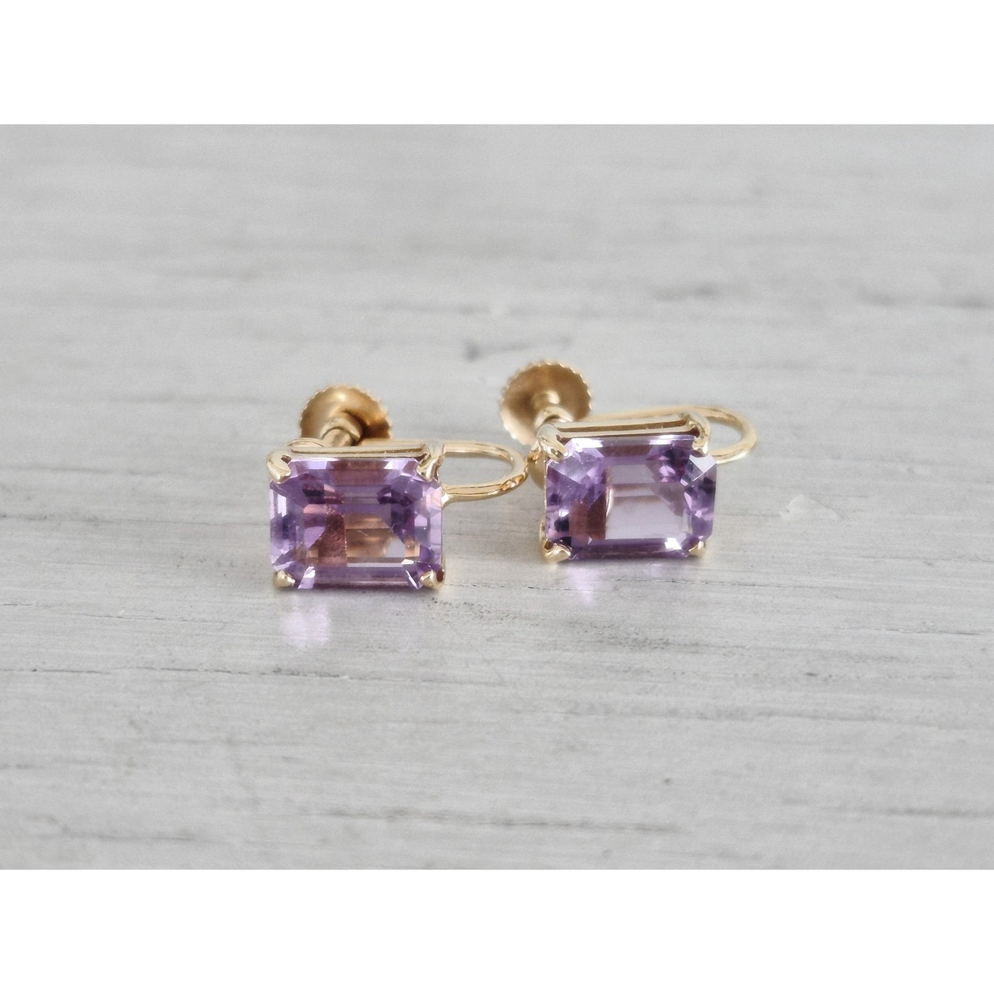 Vintage 14K Gold Amethyst Square Cut Screw On Earrings