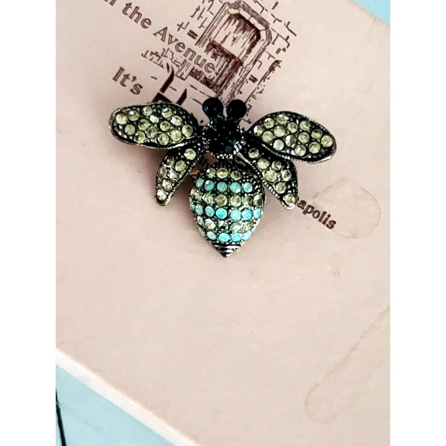 Vintage Mint Green and Clear Rhinestone Bee Bug Brooch