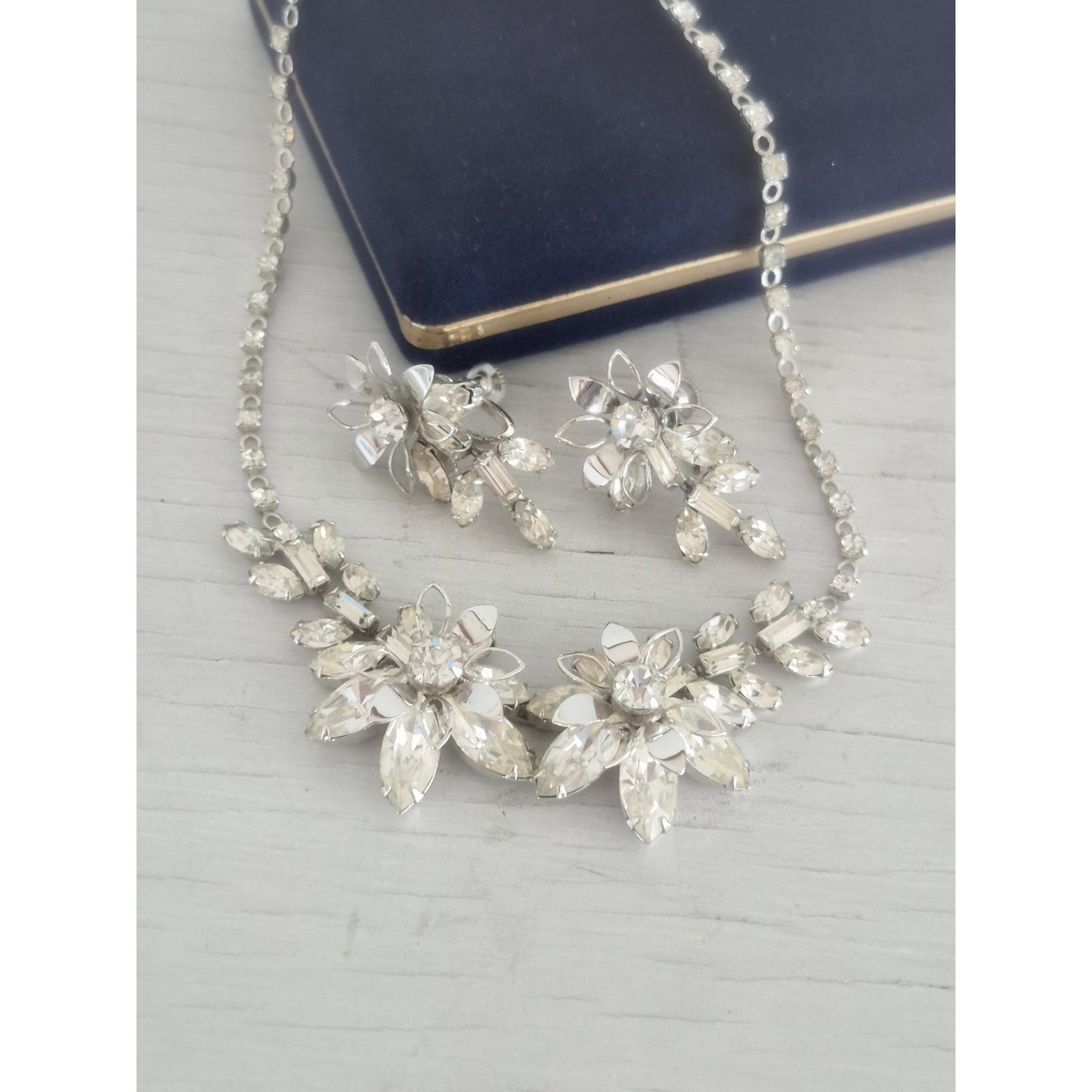 Vintage Duane Signed Floral Rhinestone Necklace and Earring Set