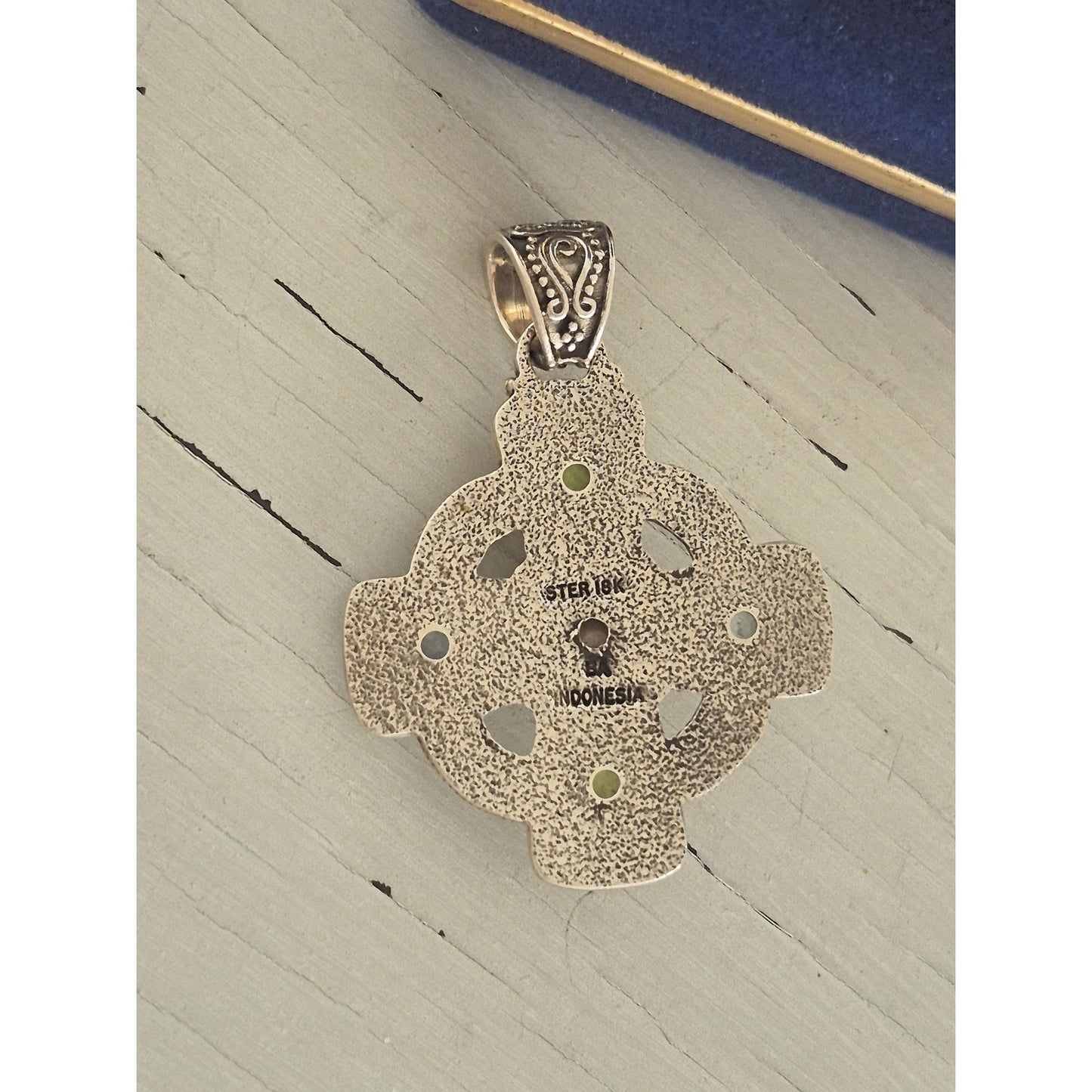 Vintage Sterling Silver 18K Gold Suarte Bali Peridot and Pearl Cross Pendant