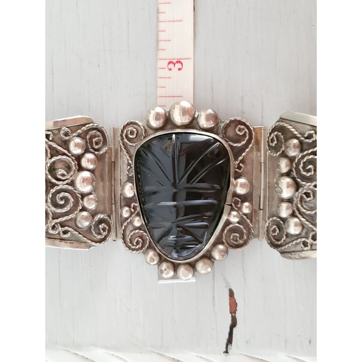 Vintage Large Silver Panel Onyx Mexico Panel Bracelet