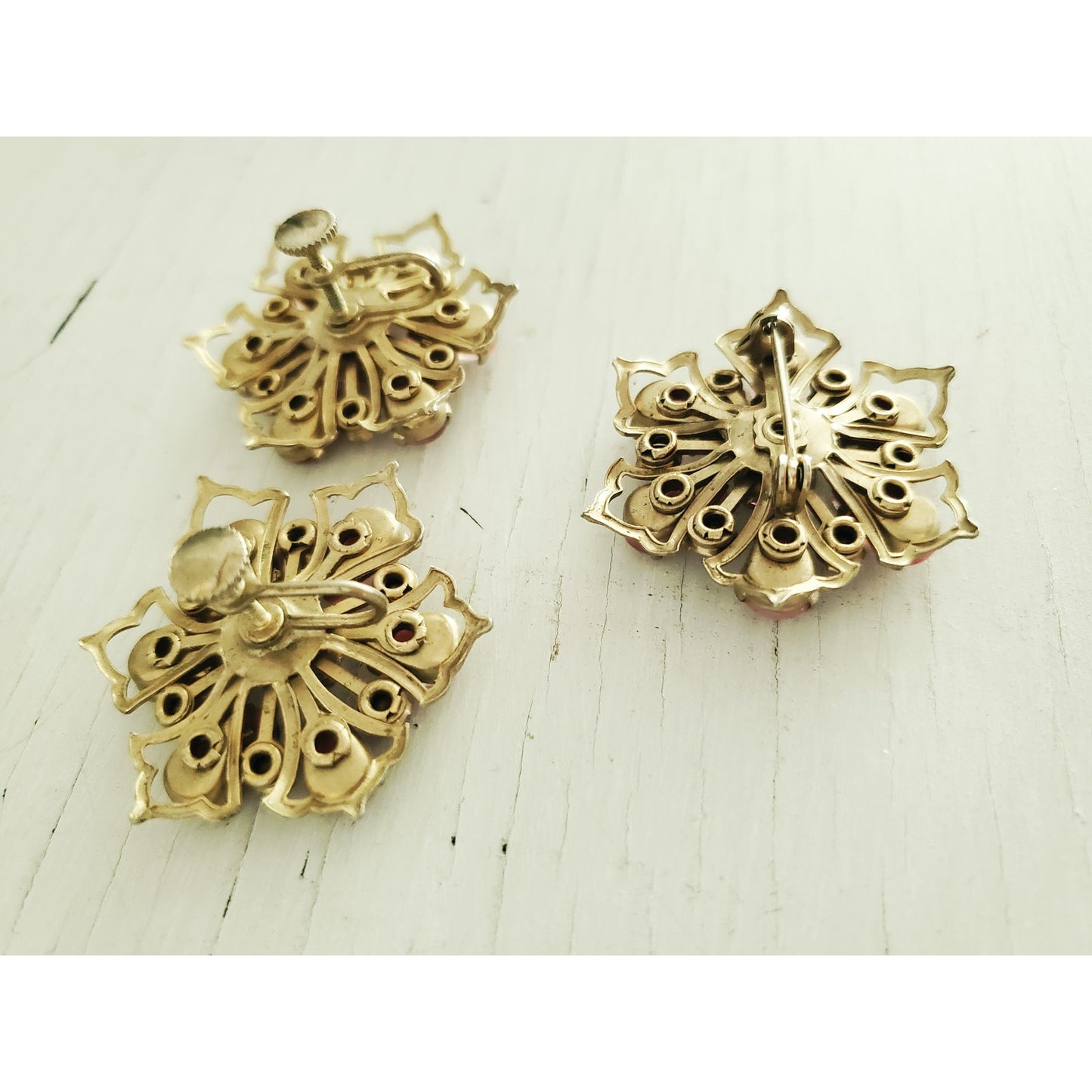 Vintage MCM Floral Pink Thermal and Rhinestone Brooch and Earring Set
