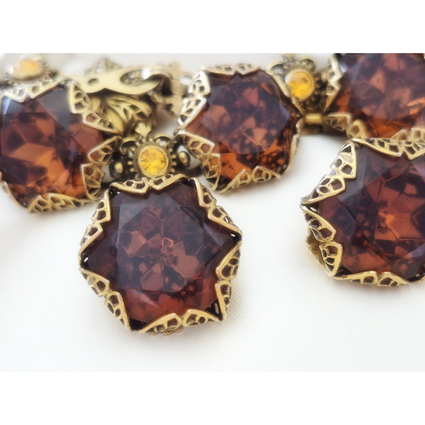 Vintage Art Deco Checho Filigree Cognac Crystal Bracelet and Earring Set