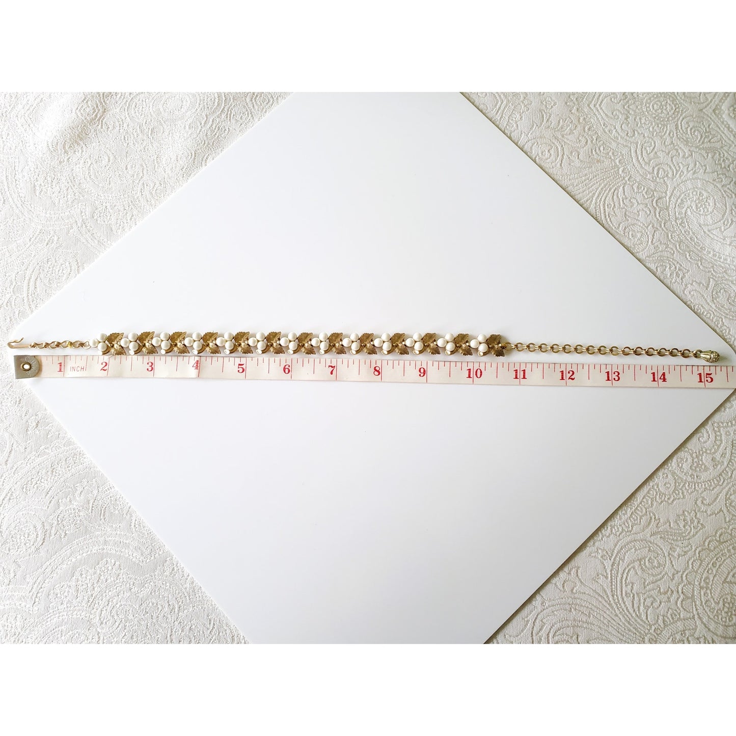 Vintage Gold Tone Charel Leaf Link and Faux Pearl Choker Necklace