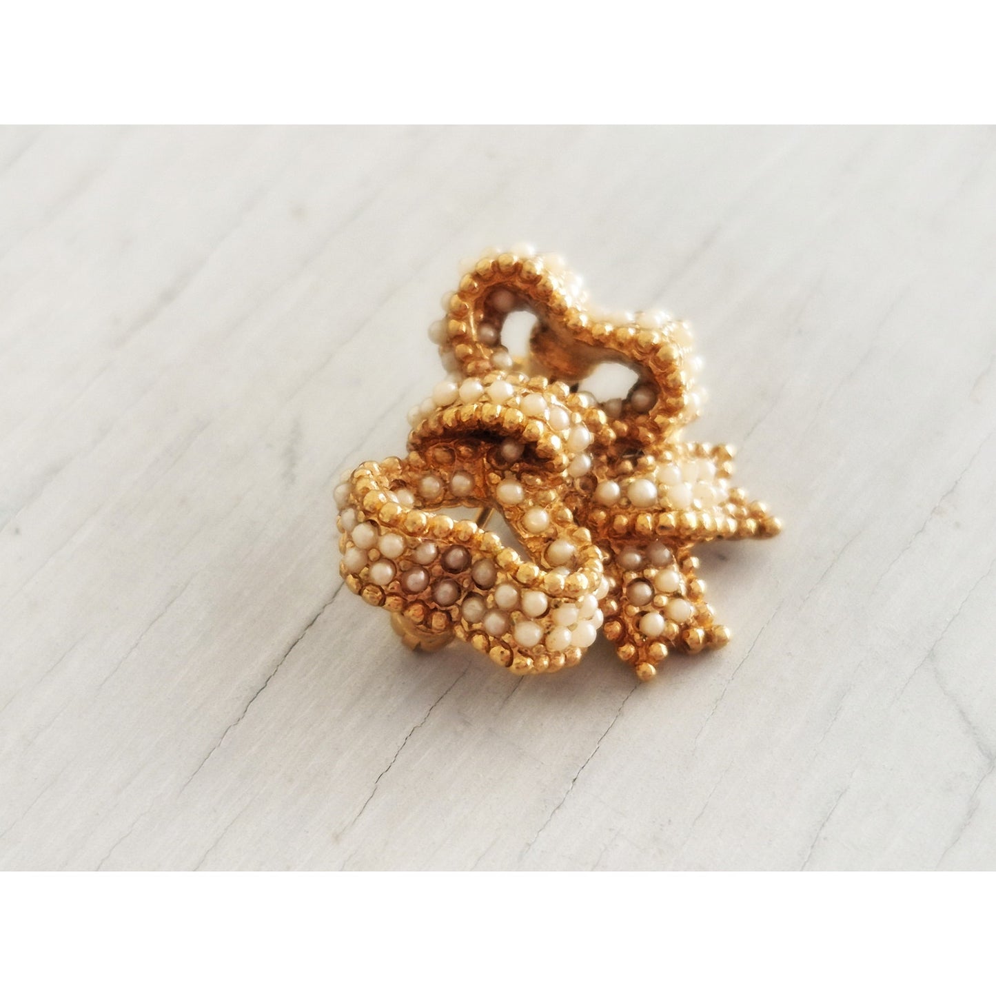 Vintage Signed Ciner Gold Tone Faux Seed Pearl Mini Bow Brooch Pin
