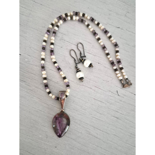 Vintage Sterling Silver Sajen Amethyst & Freshwater Pearl Necklace with Earring