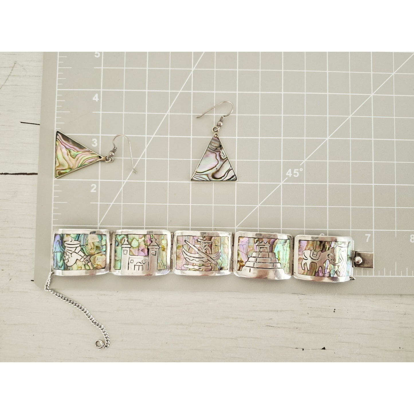 Vintage Sterling Silver Abalone Storyteller Panel Bracelet and Earring Set