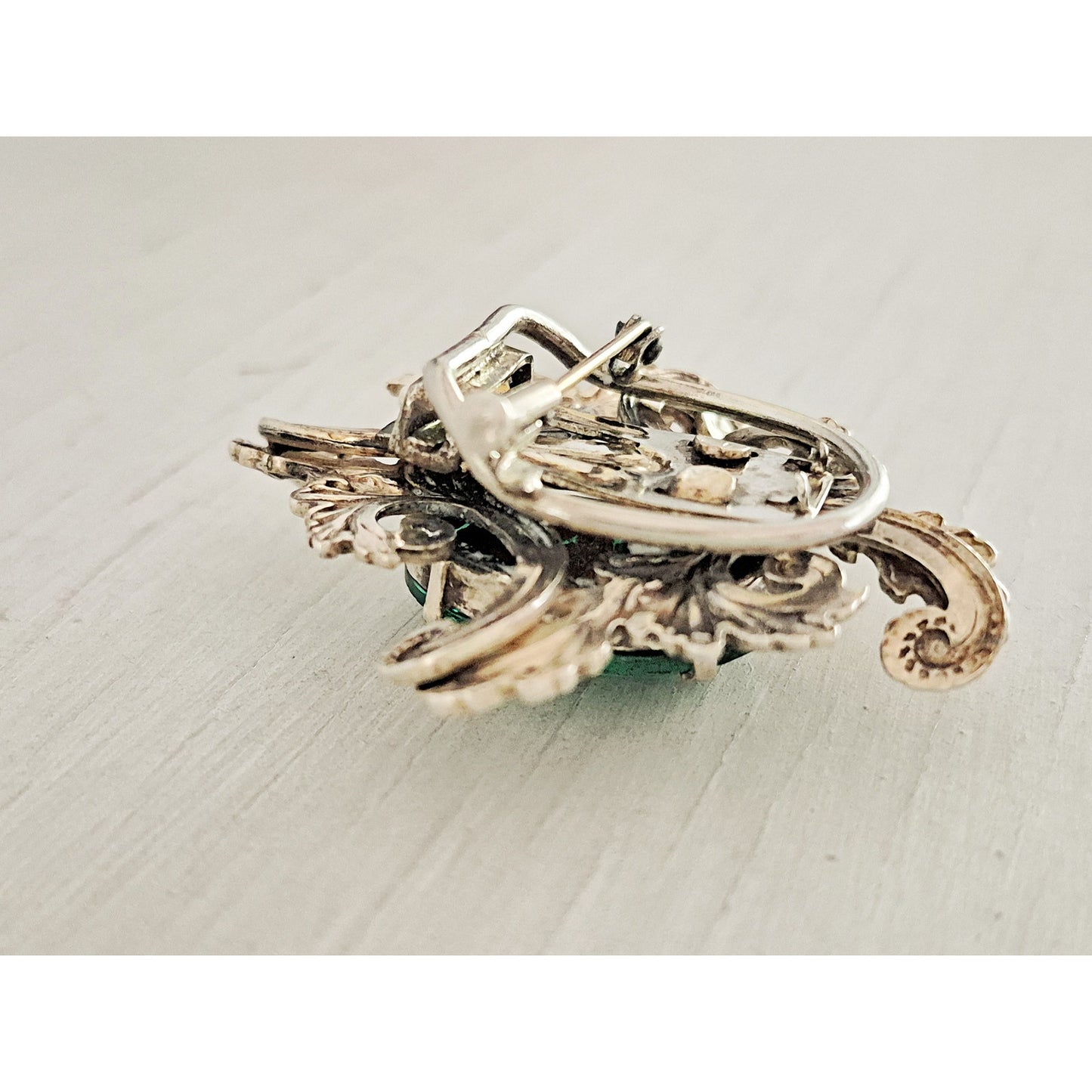 Vintage Brass Large Green Stone Swirl Brooch Clip
