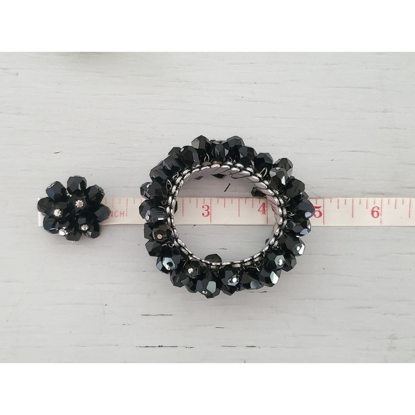 Vintage Jet Black Japan Faceted Bead Bracelet and Earring Set