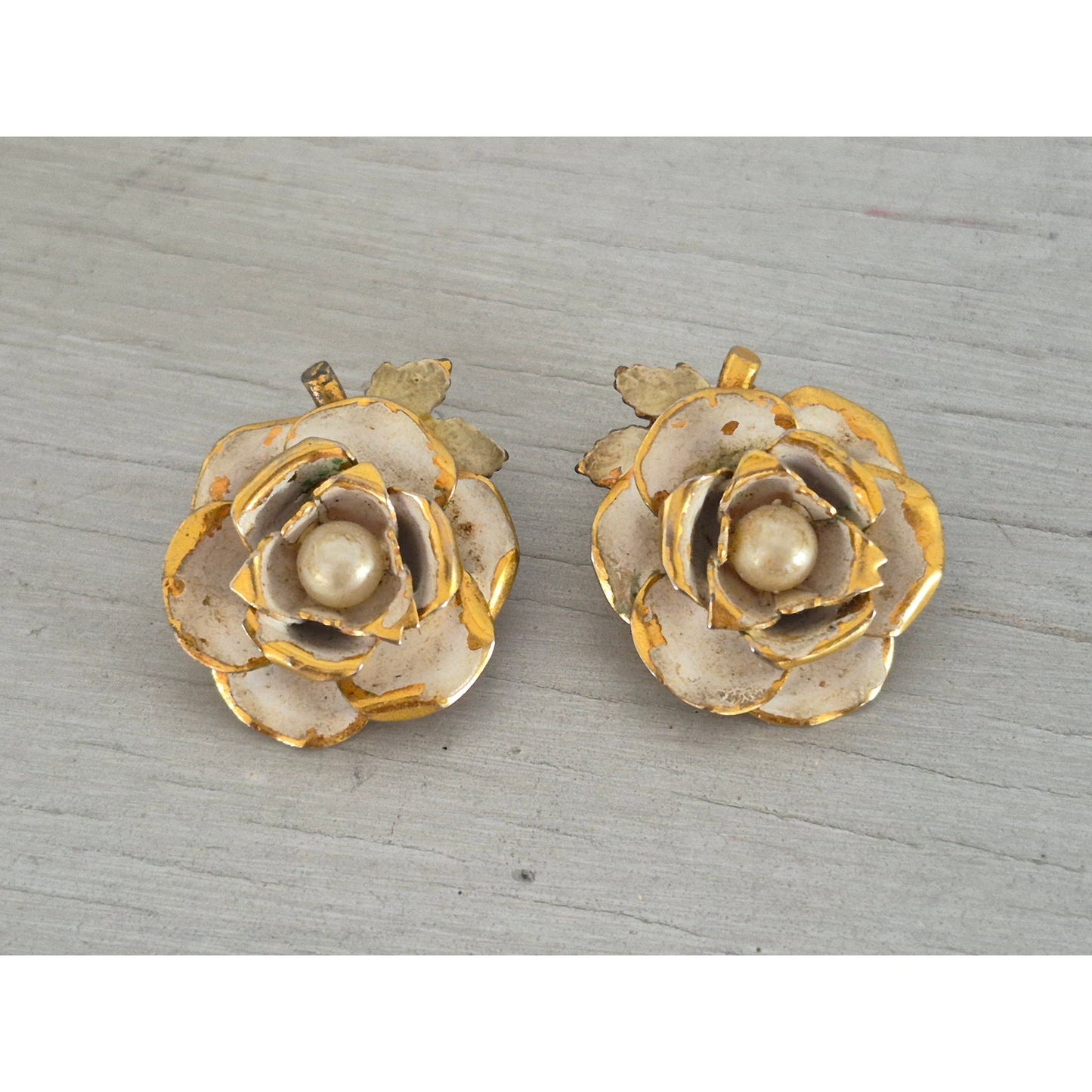 Vintage MCM White Enamel White Rose Faux Pearl Clip On Earrings