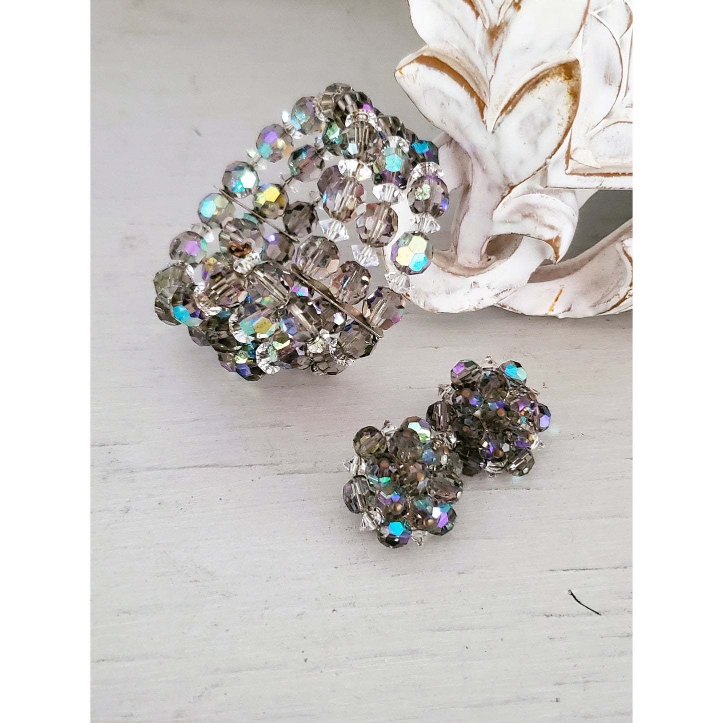 Vintage Smokey Crystal Bracelet and Earring Jewelry Set