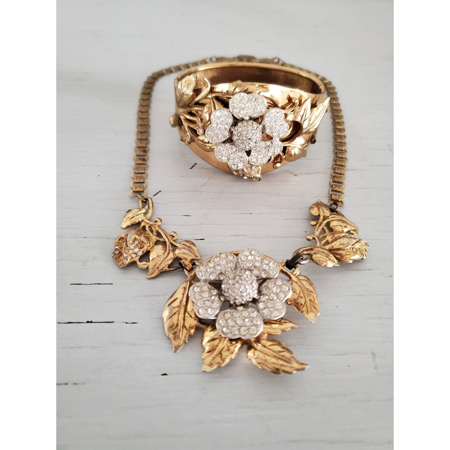 Vintage 1930s Book Chain Floral Rhinestone Statement Necklace and Bracelet Set