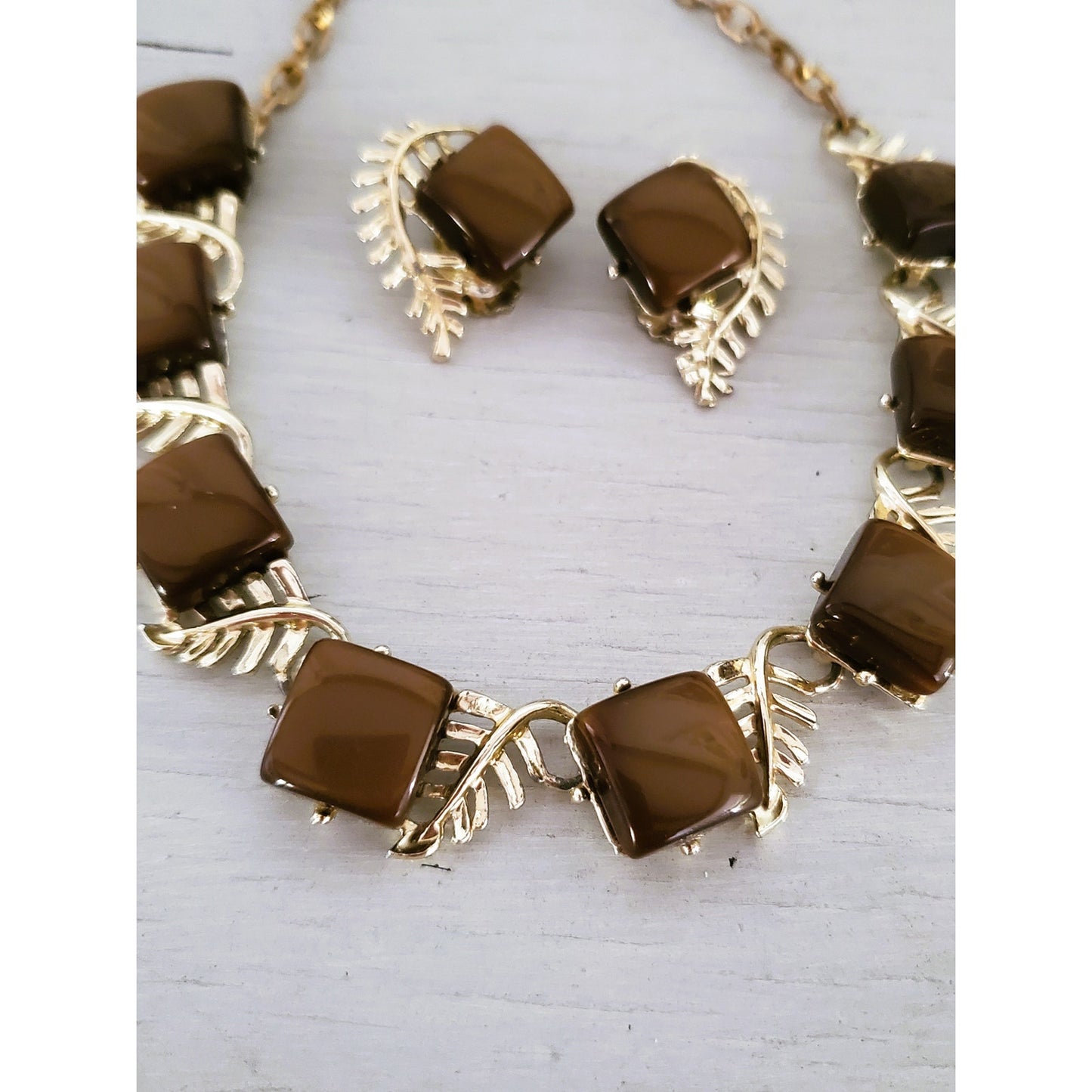 Vintage Thermoset Moonglow Chocolate Brown Necklace and Earrings Jewelry Set