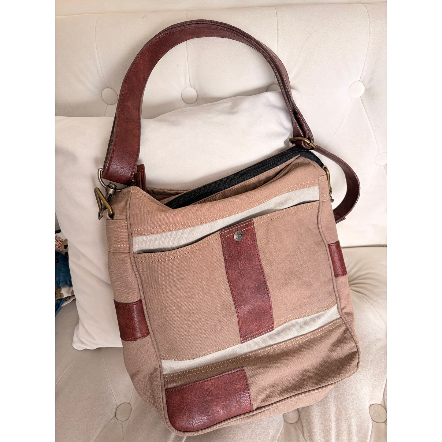 Monteau Los Angeles Canvas Crossbody Bag Tan Brown Leather Trim