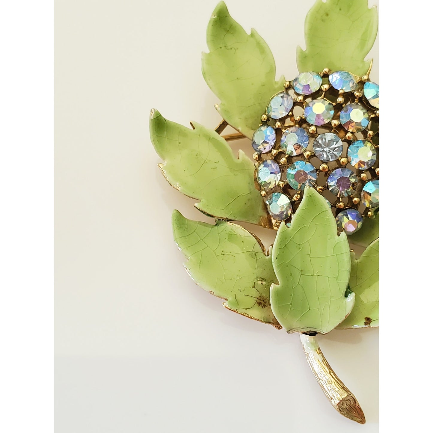 Vintage Lisner Sage Green Enamel Leaf AB Rhinestone Brooch