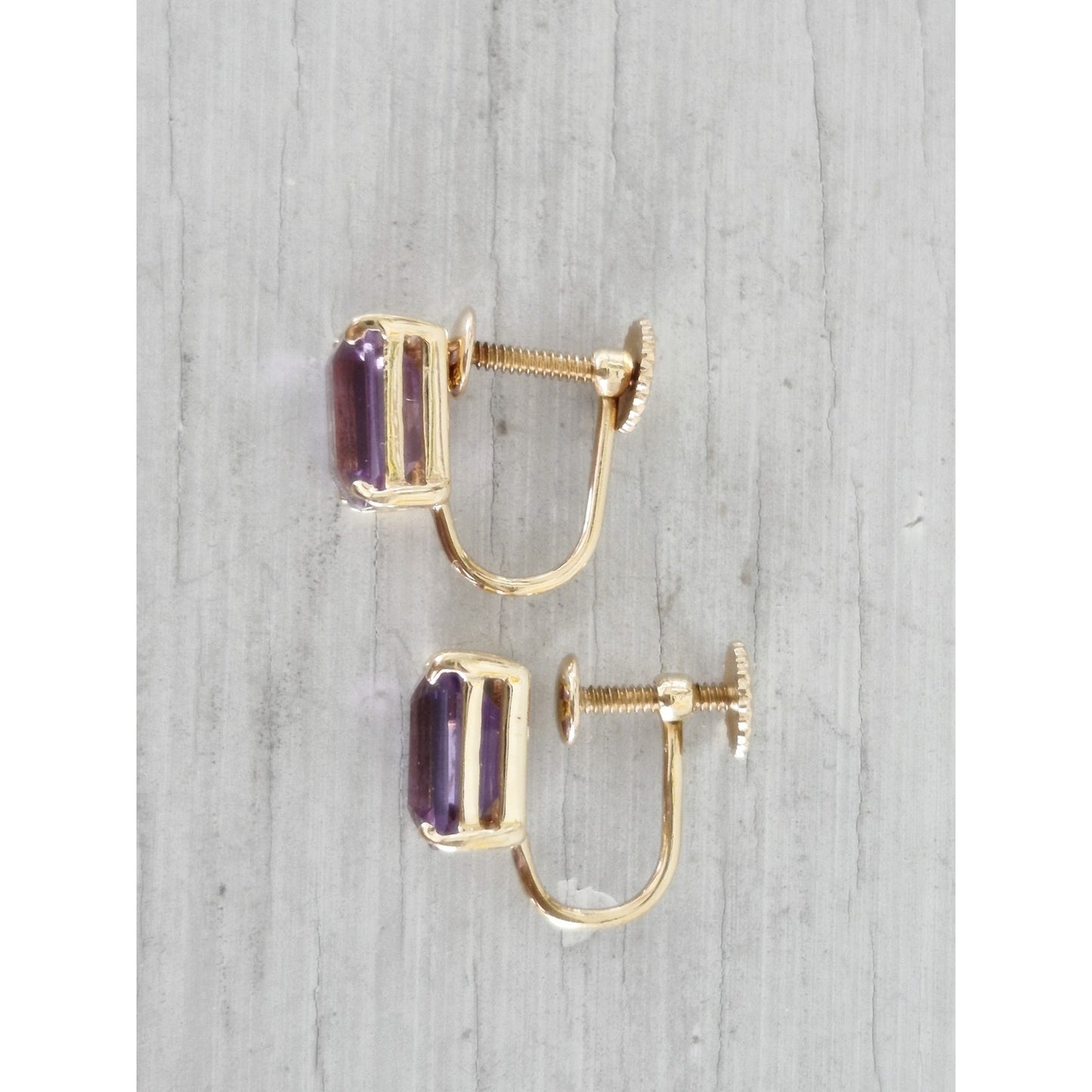 Vintage 14K Gold Amethyst Square Cut Screw On Earrings