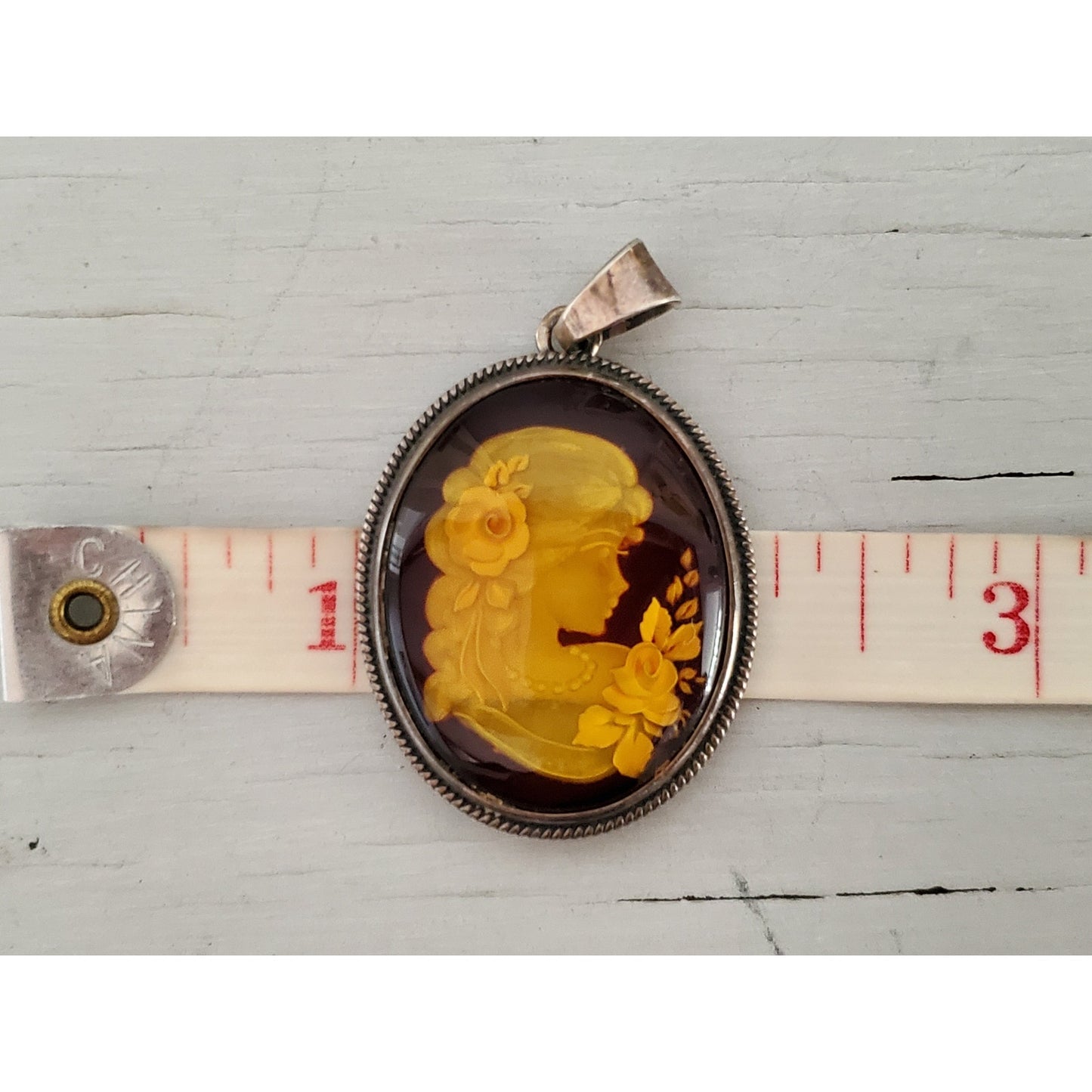 Vintage Baltic Amber Reverse Intaglio Cameo Sterling Silver Pendant