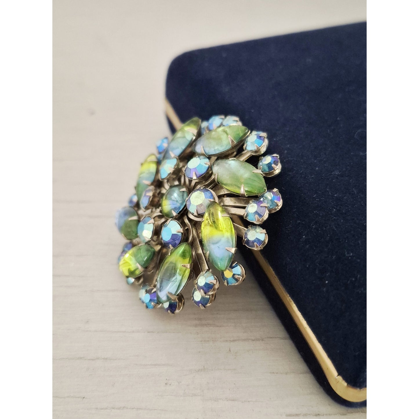 Vintage MCM Blue Green Iridescent Rhinestone Dome Brooch