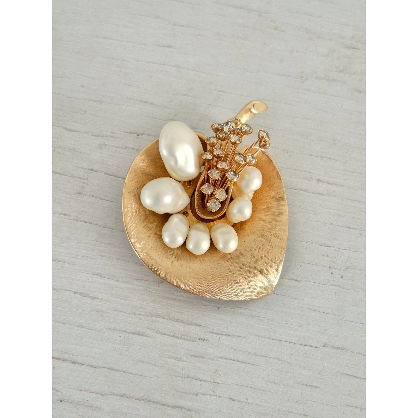 Vintage Mid-Century Pearl Rhinestone Gold Orchid Brooch Pin