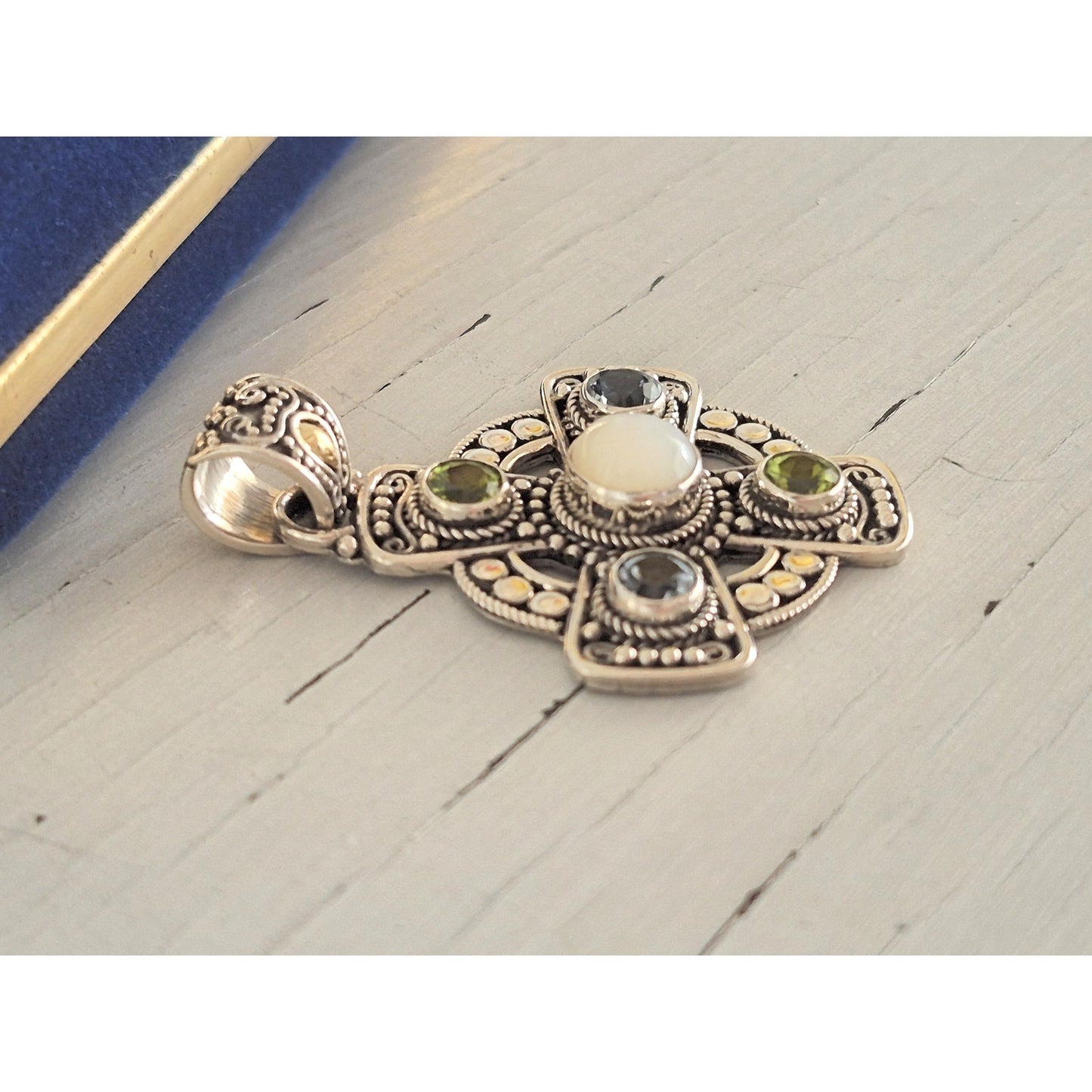Vintage Sterling Silver 18K Gold Suarte Bali Peridot and Pearl Cross Pendant