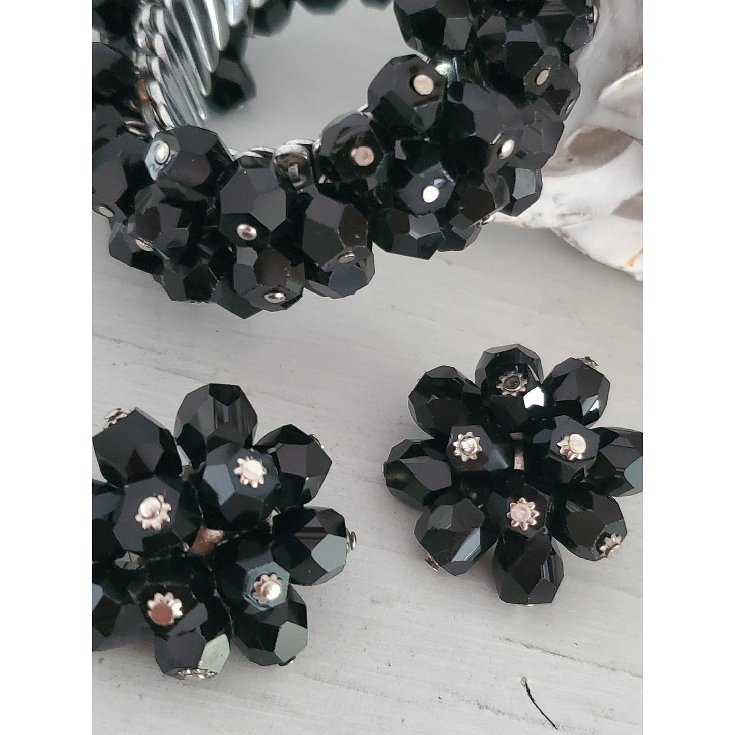 Vintage Jet Black Japan Faceted Bead Bracelet and Earring Set