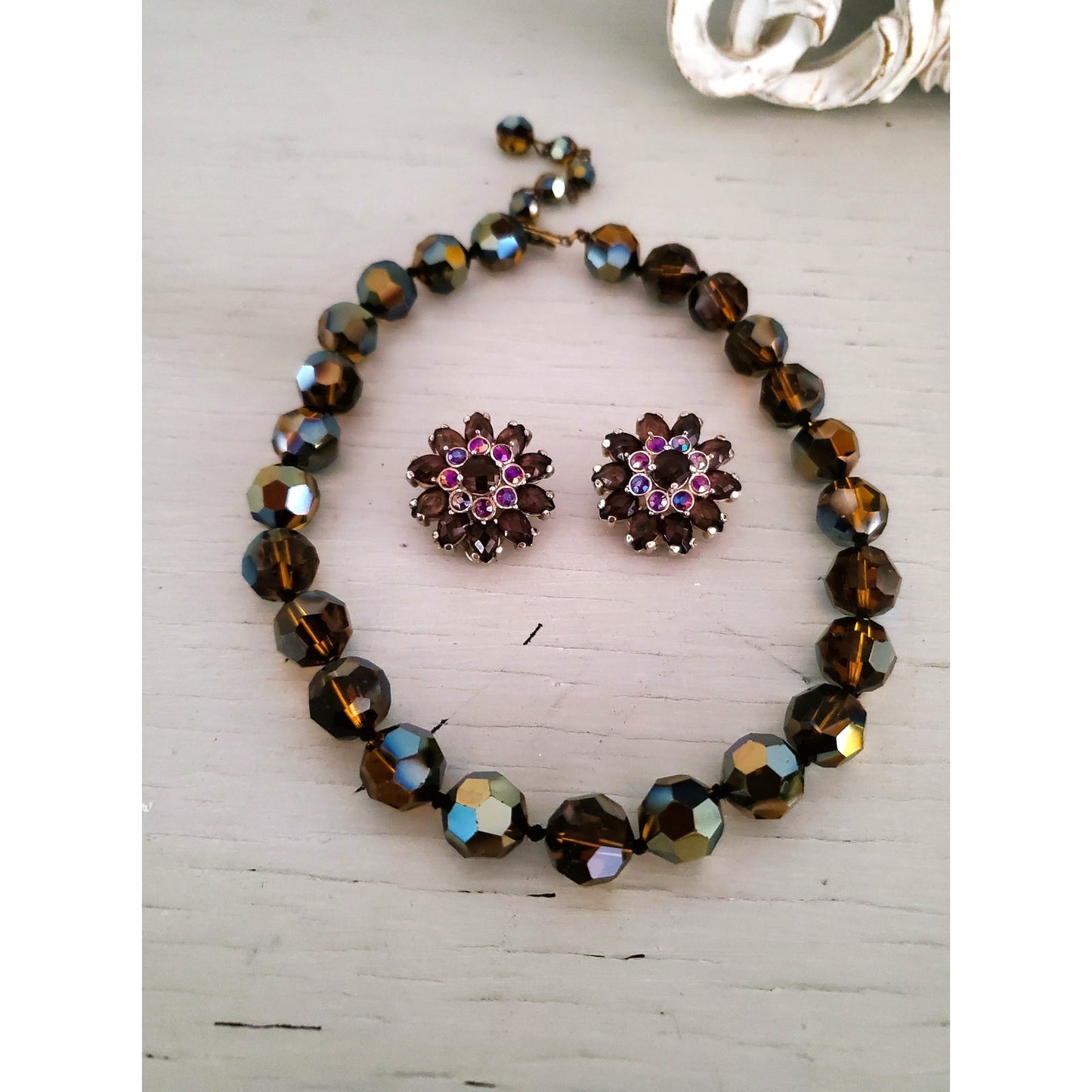 Vintage Cognac Topaz Crystal AB Faceted Glass Bead Choker Necklace and Earring Set