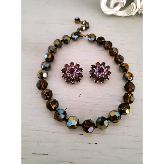Vintage Cognac Topaz Crystal AB Faceted Glass Bead Choker Necklace and Earring Set
