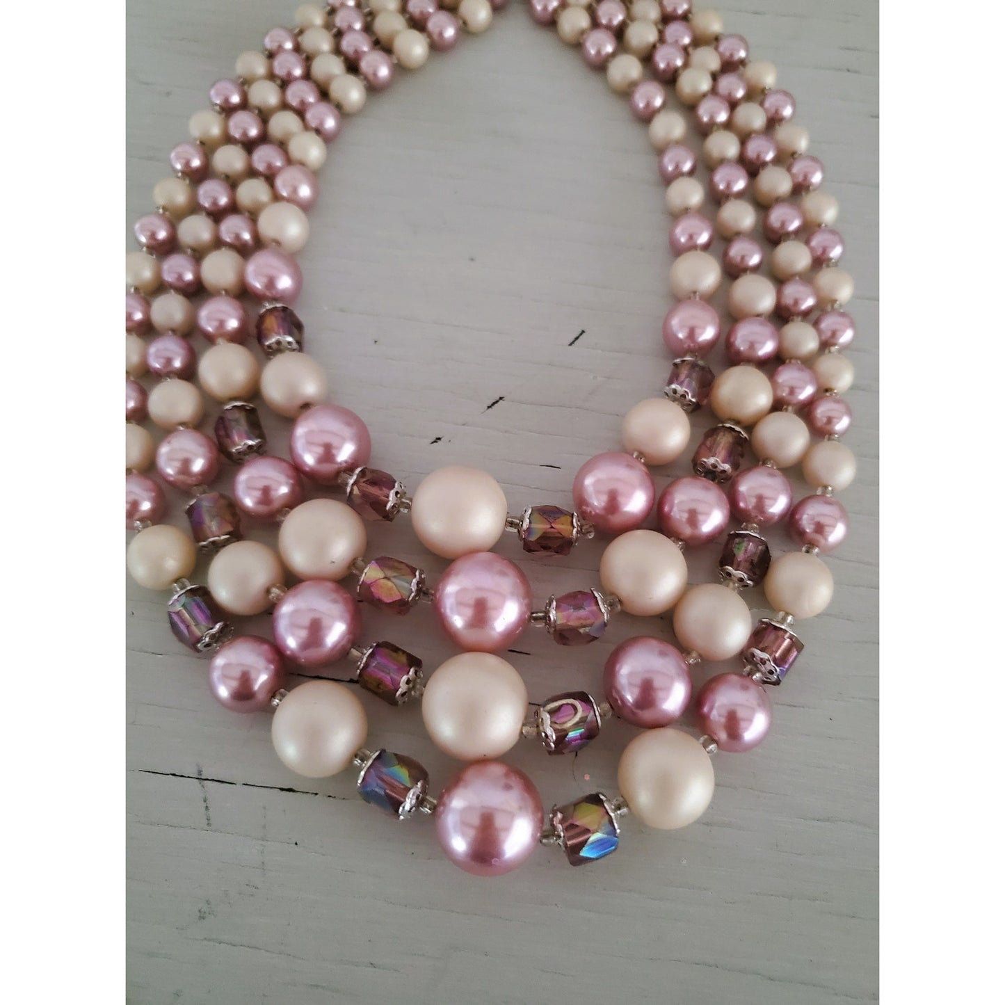 Vintage 4 Strand Hong Kong Lavender & Cream Acrylic Graduated Bead Necklace