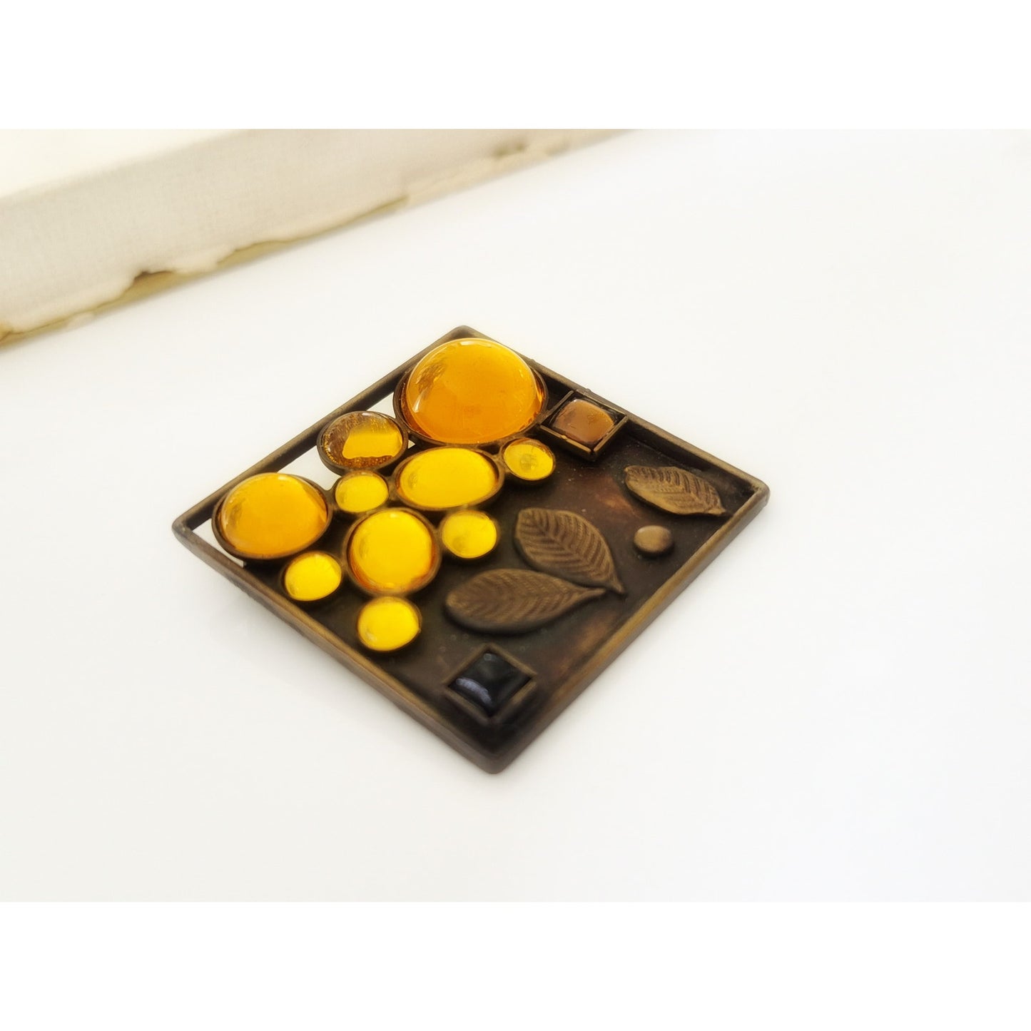 Vintage Yellow Carbochans Floral Copper Artisan Brooch