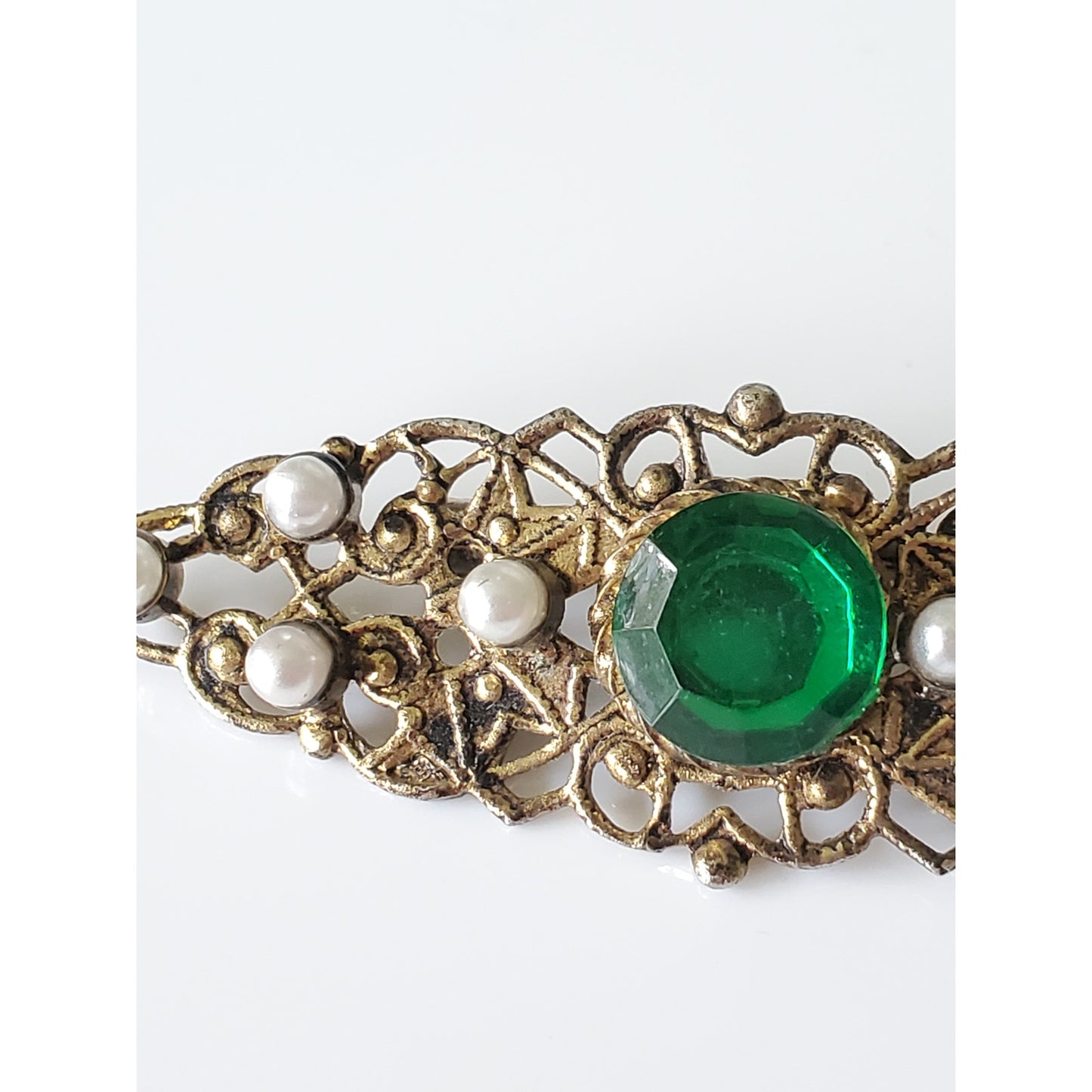 Vintage Art Deco Filigree Green Stone and Pearl Brooch
