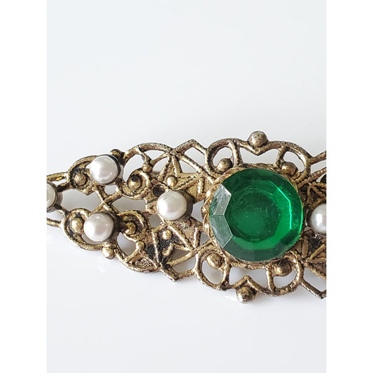 Vintage Art Deco Filigree Green Stone and Pearl Brooch