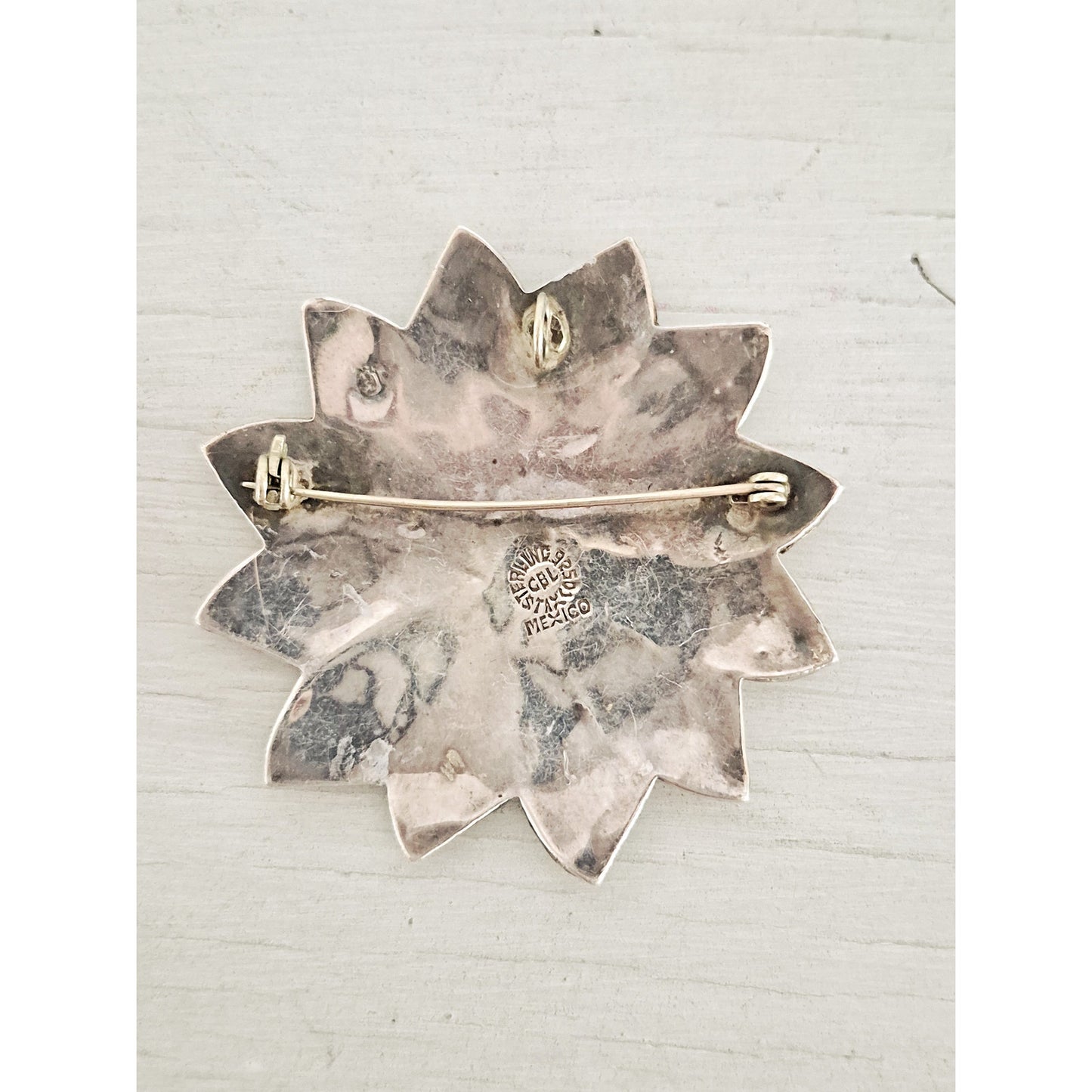Vintage Sterling Silver Taxco Abalone Shell Mexican Flower Brooch