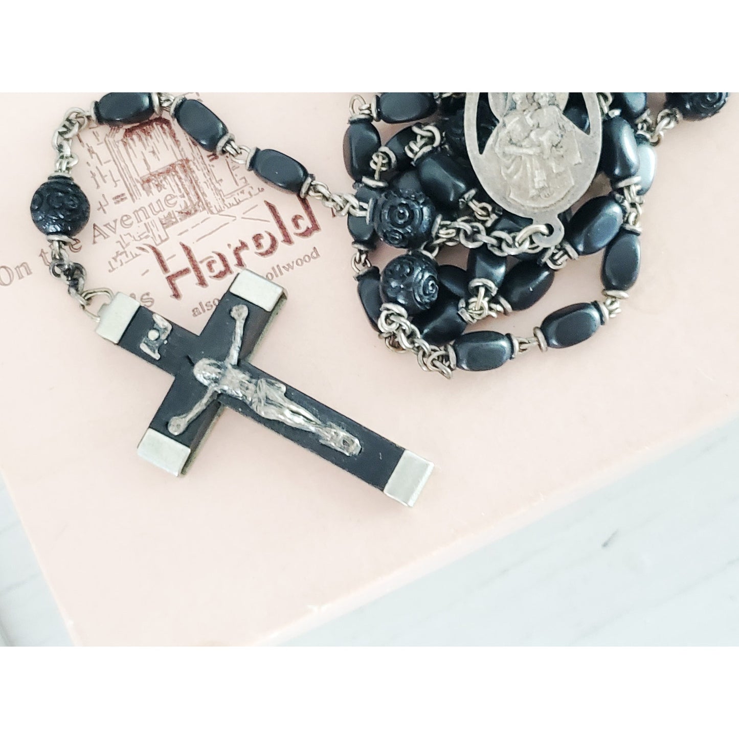 Vintage Ebony France Rosary Bead Lavalier Necklace