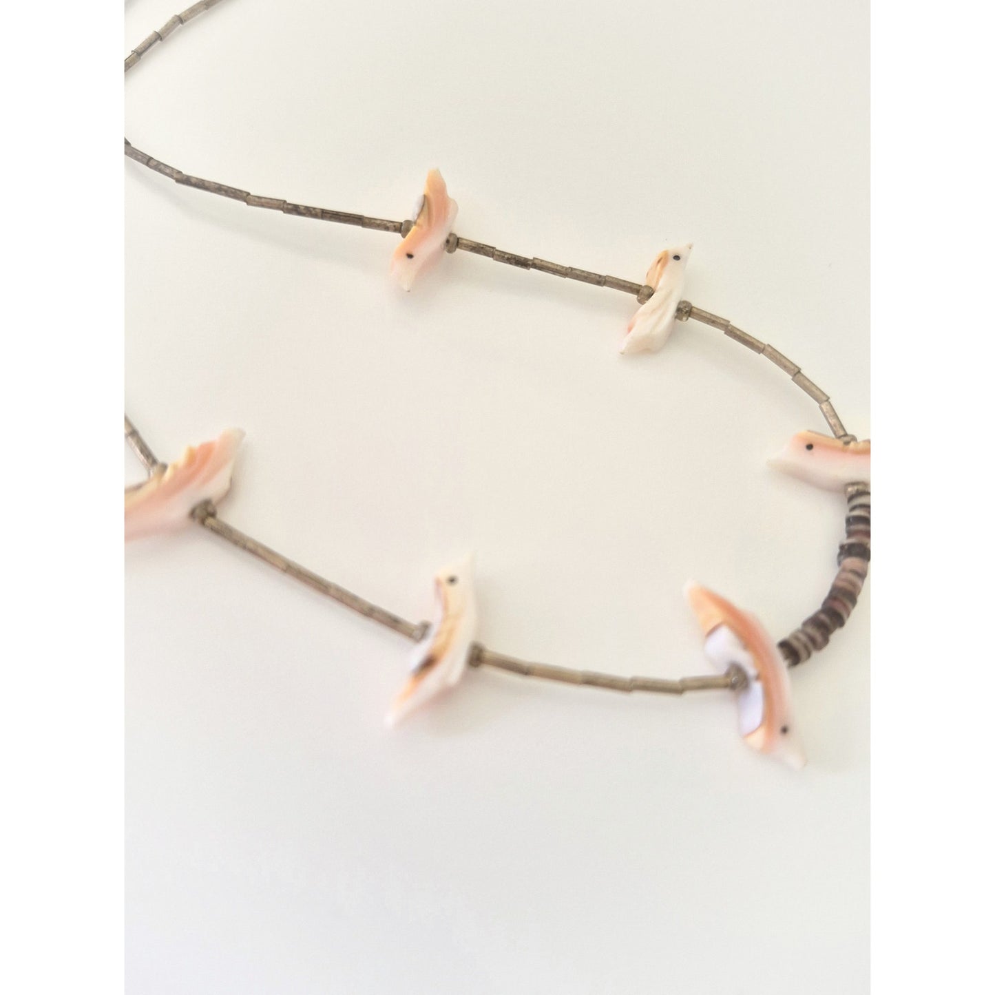 Vintage MOP Pink Birds Shell and Liquid Silver Bead Choker Necklace